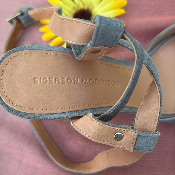 🩷 Sigerson Morrison; Paulina Slate Blue Suede Ankle Wrap Cork Sandals; Sz. 7.5! - Picture 6 of 12